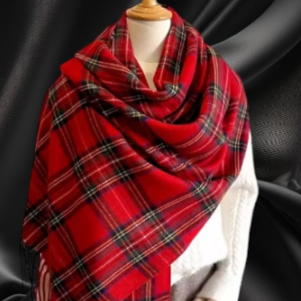 Red Tartan Plaid Oversized Winter Scarf With Fringe